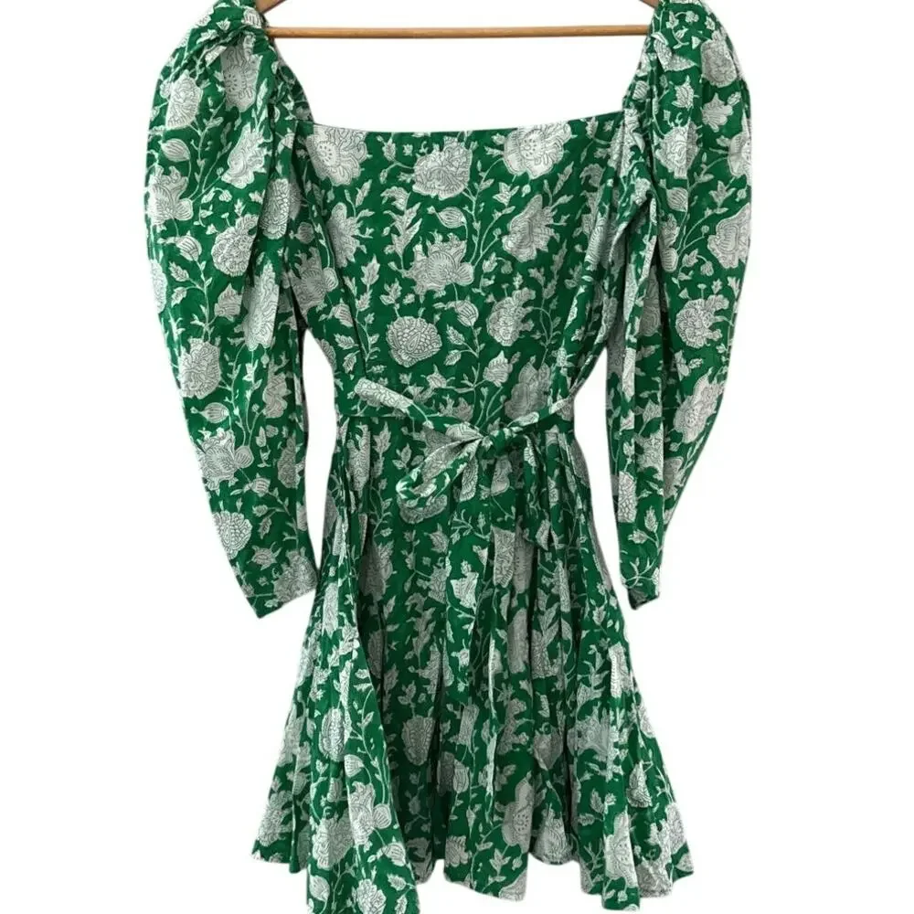 Mille Resort Anais Belted Mini Hand Block Print Dress Green Zinnia Size‎ Small - Picture 4 of 12